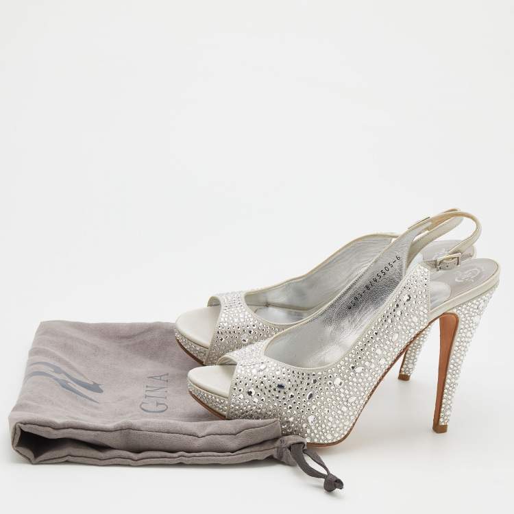 Pre Owned Gina Light Grey Satin Crystal Embellishment Slingback Sandals Size 39