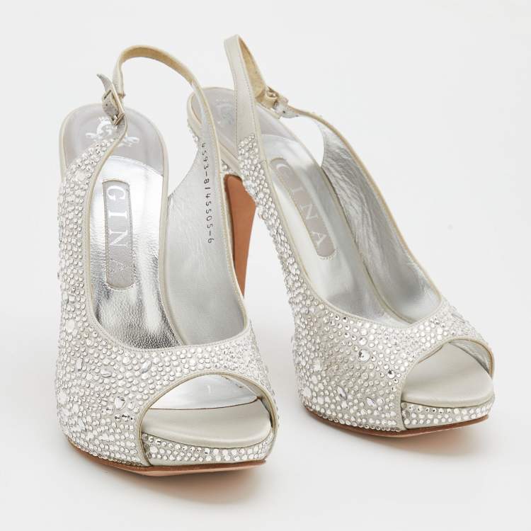 Pre Owned Gina Light Grey Satin Crystal Embellishment Slingback Sandals Size 39