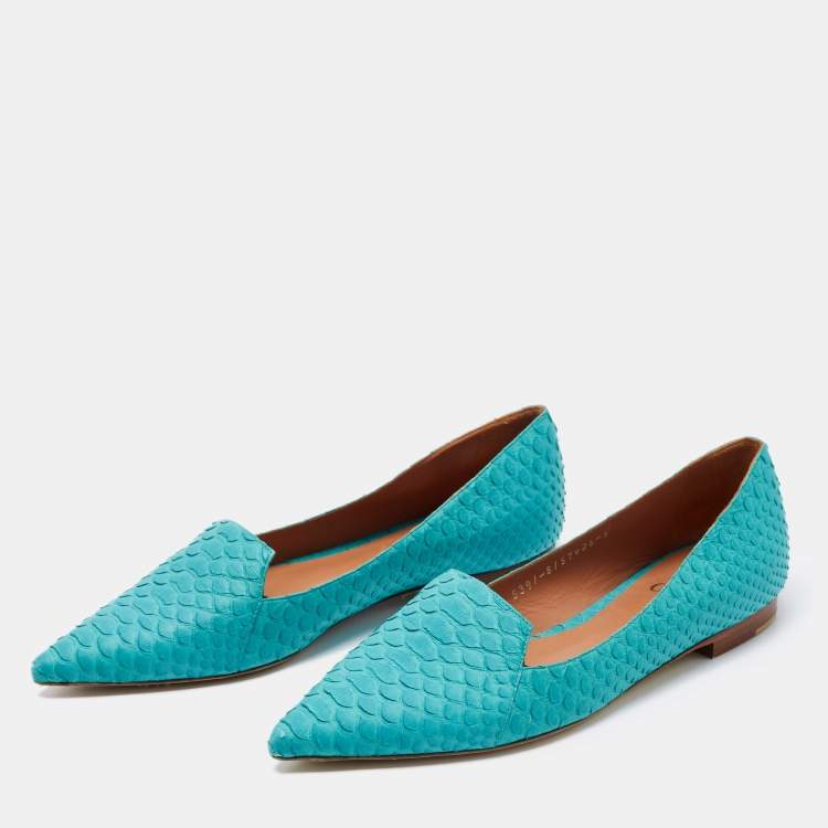 Pre Owned Gina Turquoise Python Pointed Toe Ballet Flats Size 38