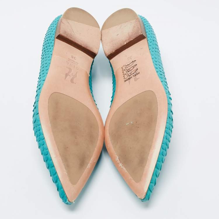 Pre Owned Gina Turquoise Python Pointed Toe Ballet Flats Size 38