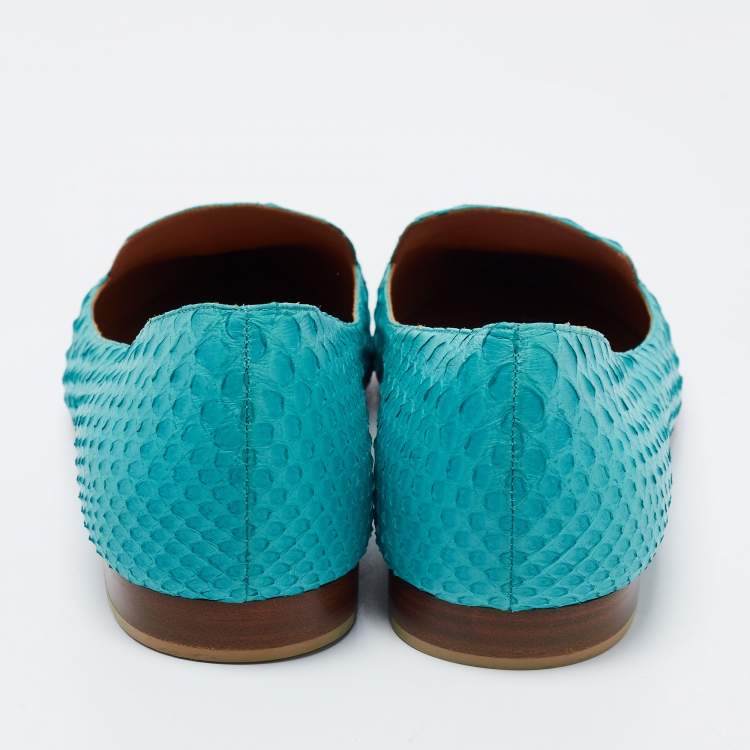 Pre Owned Gina Turquoise Python Pointed Toe Ballet Flats Size 38