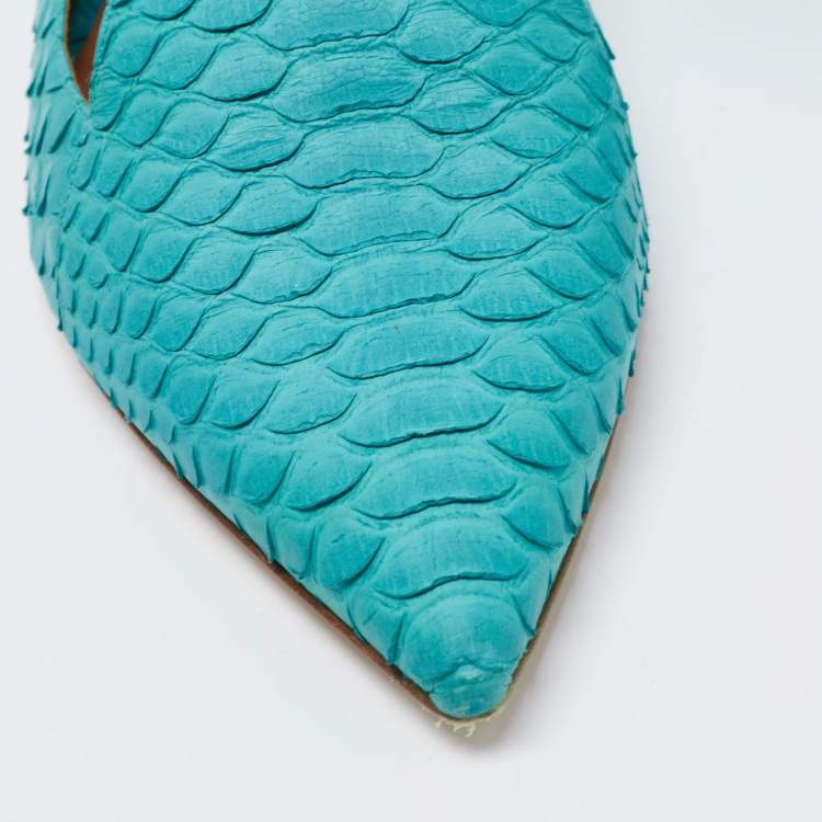 Pre Owned Gina Turquoise Python Pointed Toe Ballet Flats Size 38