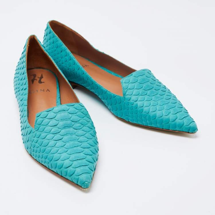 Pre Owned Gina Turquoise Python Pointed Toe Ballet Flats Size 38