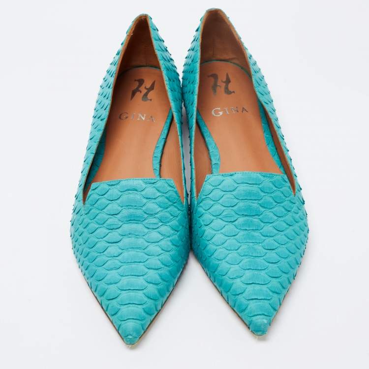 Pre Owned Gina Turquoise Python Pointed Toe Ballet Flats Size 38