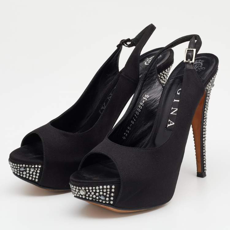 Pre Owned Gina Black Satin Embellished Heel Platform Slingback Sandals Size 38.5