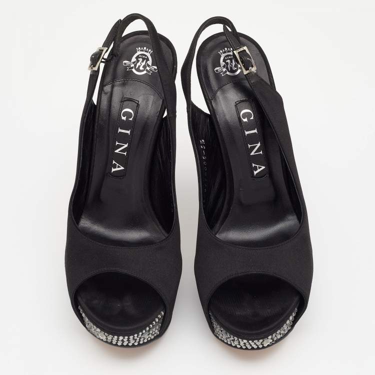 Pre Owned Gina Black Satin Embellished Heel Platform Slingback Sandals Size 38.5
