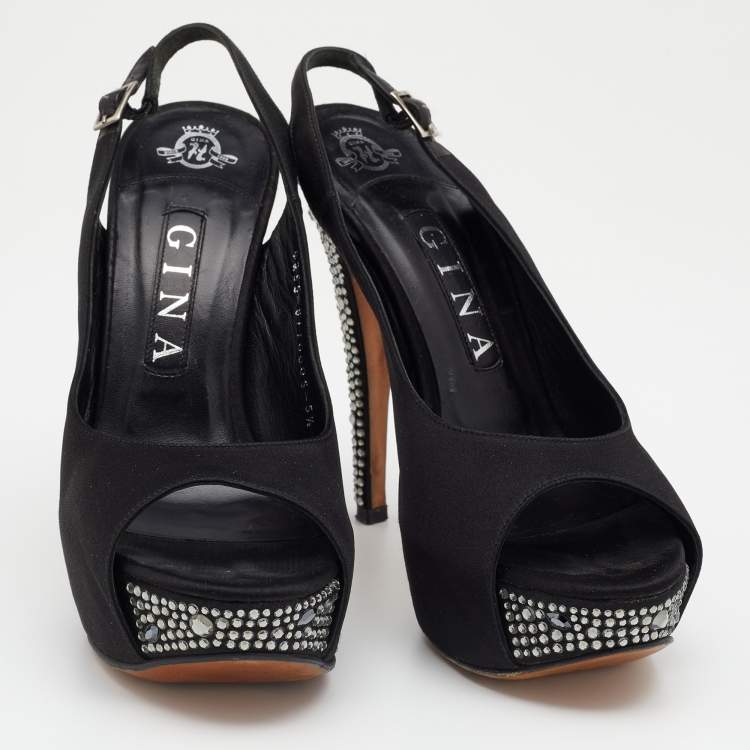 Pre Owned Gina Black Satin Embellished Heel Platform Slingback Sandals Size 38.5