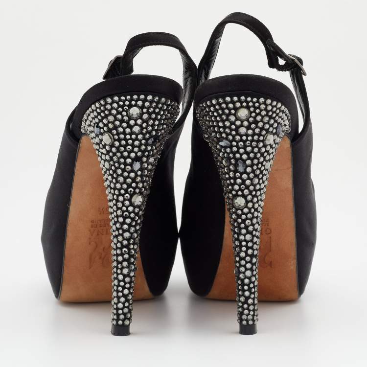 Pre Owned Gina Black Satin Embellished Heel Platform Slingback Sandals Size 38.5