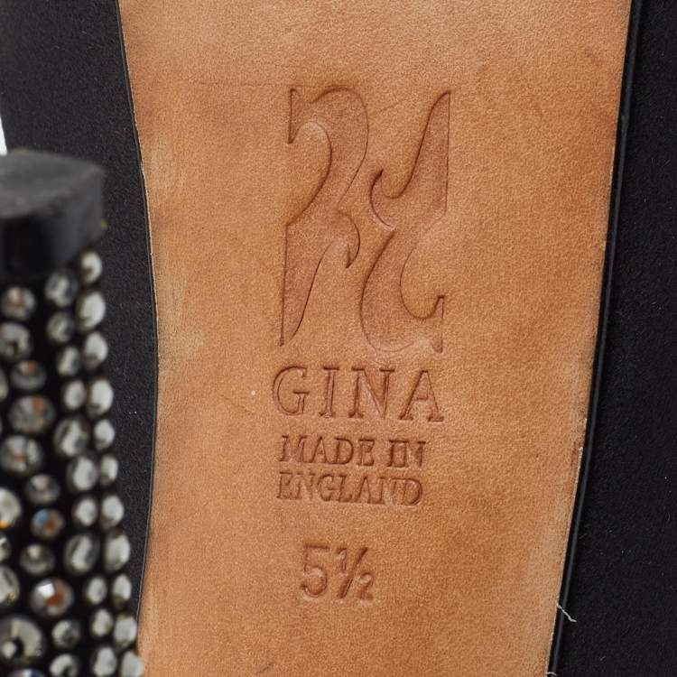 Pre Owned Gina Black Satin Embellished Heel Platform Slingback Sandals Size 38.5
