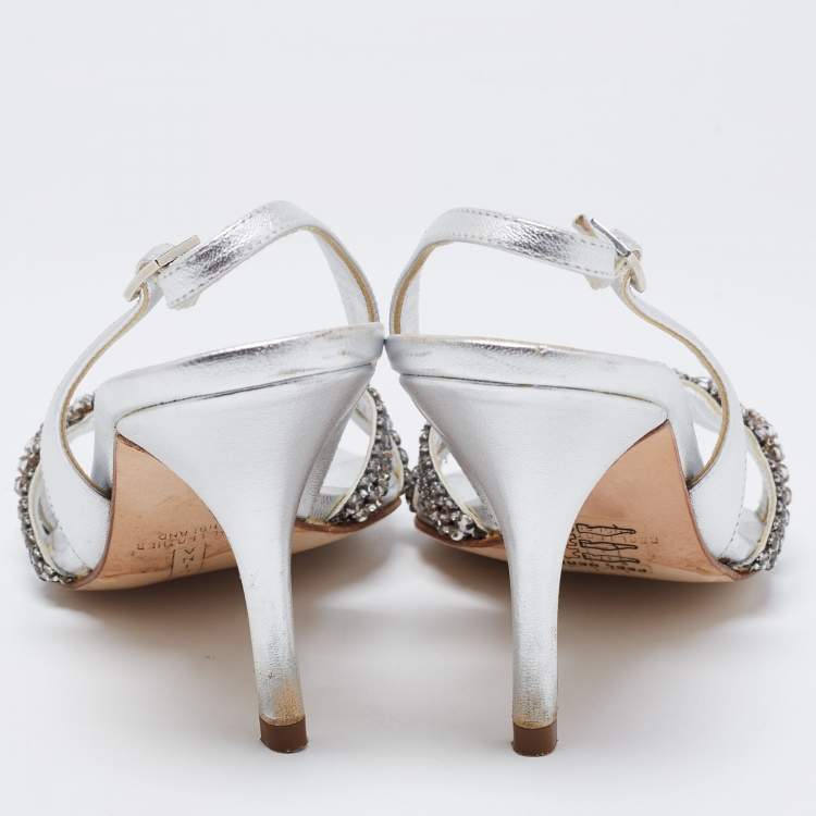 Pre Owned Gina Silver Leather Embellished Slingback Sandals Size 38