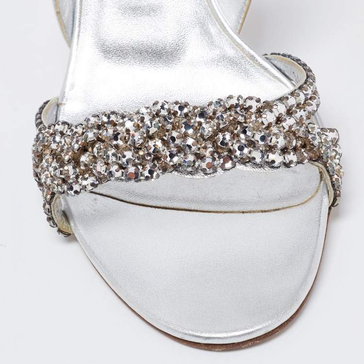 Pre Owned Gina Silver Leather Embellished Slingback Sandals Size 38