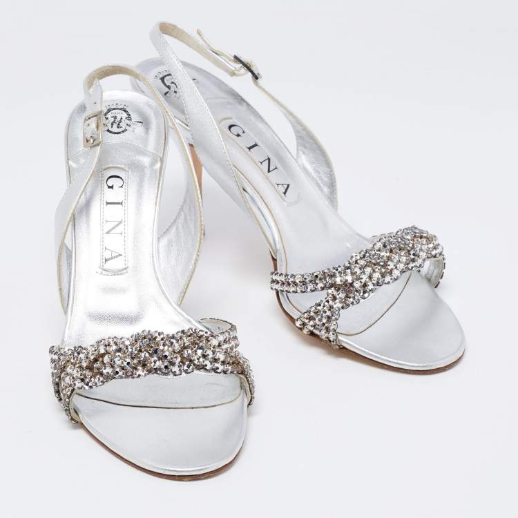 Pre Owned Gina Silver Leather Embellished Slingback Sandals Size 38