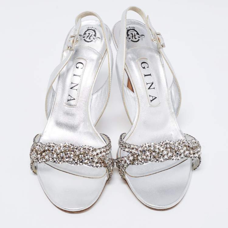 Pre Owned Gina Silver Leather Embellished Slingback Sandals Size 38