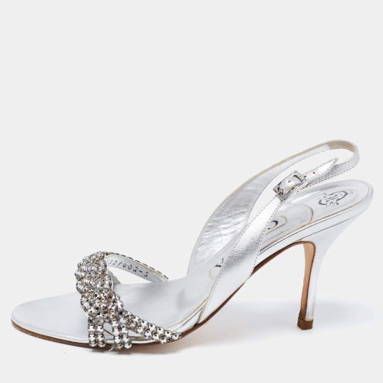 Pre Owned Gina Silver Leather Embellished Slingback Sandals Size 38