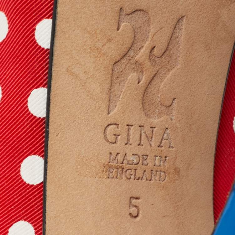 Pre Owned Gina Red/Blue Polka Dot Print Canvas Peep Toe Platform Pumps Size 38