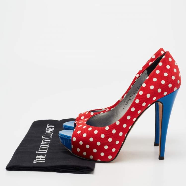 Pre Owned Gina Red/Blue Polka Dot Print Canvas Peep Toe Platform Pumps Size 38