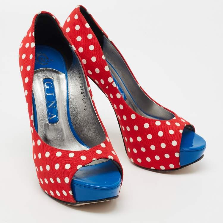 Pre Owned Gina Red/Blue Polka Dot Print Canvas Peep Toe Platform Pumps Size 38