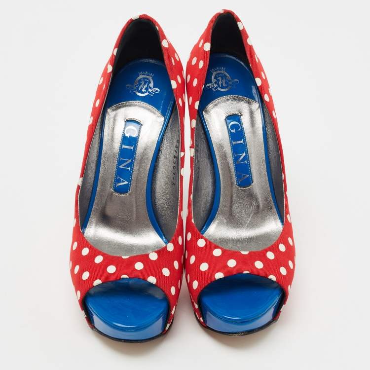 Pre Owned Gina Red/Blue Polka Dot Print Canvas Peep Toe Platform Pumps Size 38