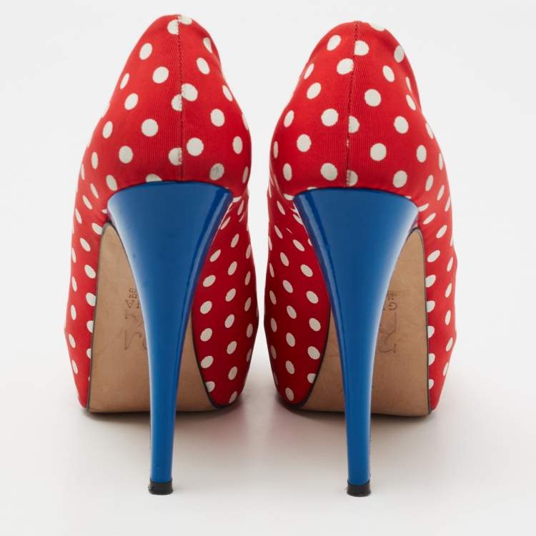 Pre Owned Gina Red/Blue Polka Dot Print Canvas Peep Toe Platform Pumps Size 38