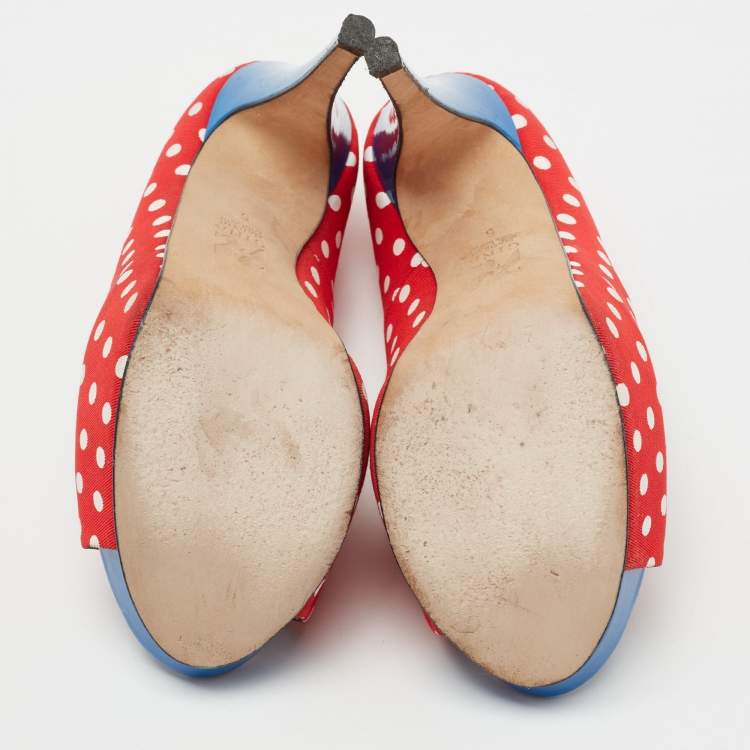 Pre Owned Gina Red/Blue Polka Dot Print Canvas Peep Toe Platform Pumps Size 38