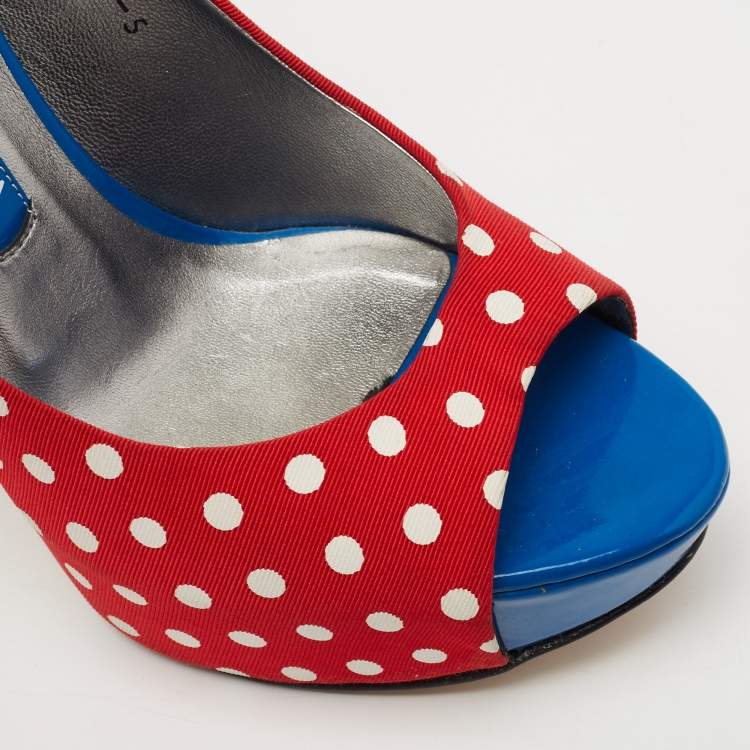 Pre Owned Gina Red/Blue Polka Dot Print Canvas Peep Toe Platform Pumps Size 38