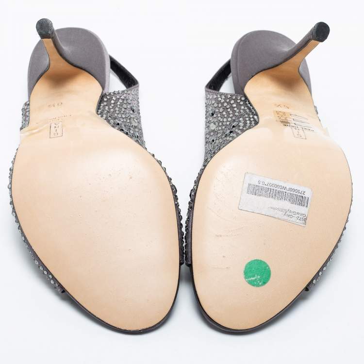 Pre Owned Gina Grey Satin Crystal Embellished Open Toe Slingback Sandals Size 39.5 