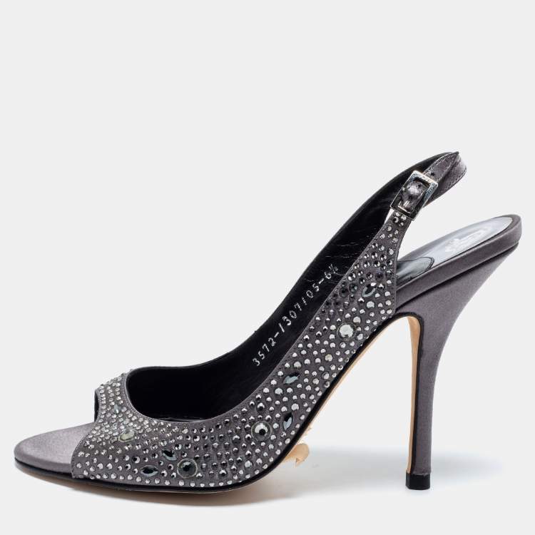 Pre Owned Gina Grey Satin Crystal Embellished Open Toe Slingback Sandals Size 39.5 