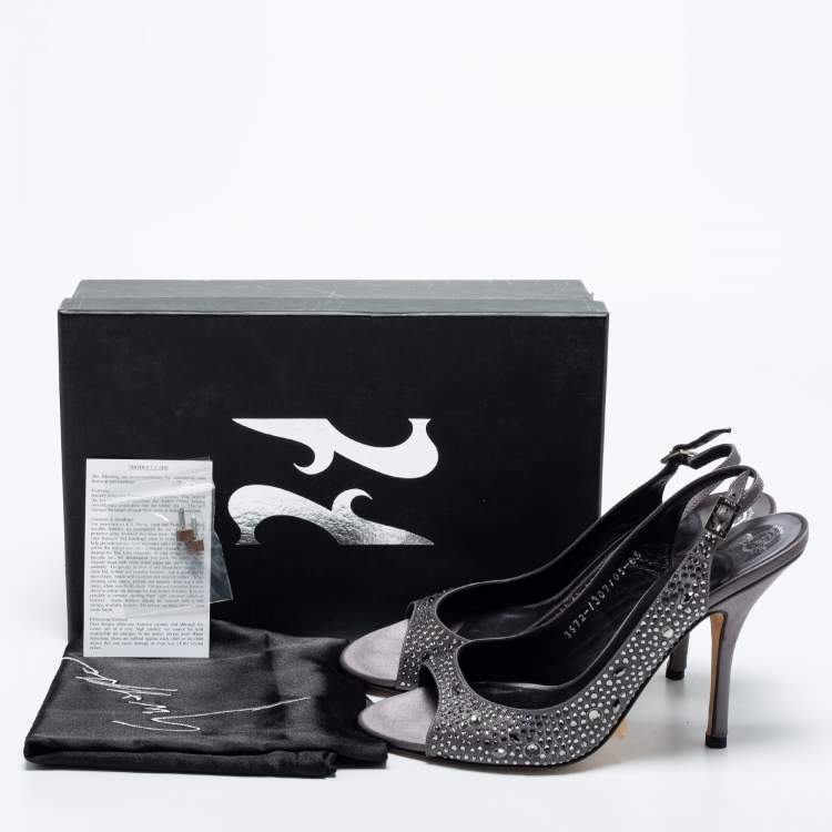 Pre Owned Gina Grey Satin Crystal Embellished Open Toe Slingback Sandals Size 39.5 