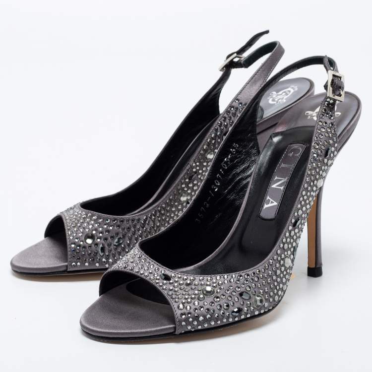 Pre Owned Gina Grey Satin Crystal Embellished Open Toe Slingback Sandals Size 39.5 