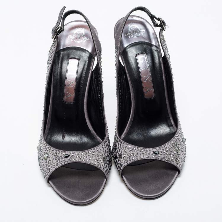 Pre Owned Gina Grey Satin Crystal Embellished Open Toe Slingback Sandals Size 39.5 