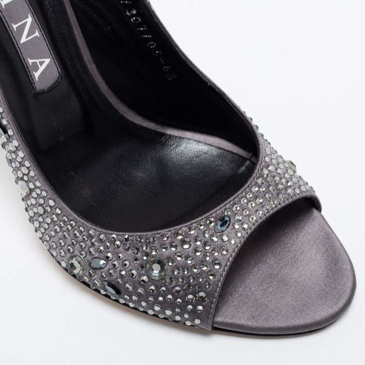 Pre Owned Gina Grey Satin Crystal Embellished Open Toe Slingback Sandals Size 39.5 