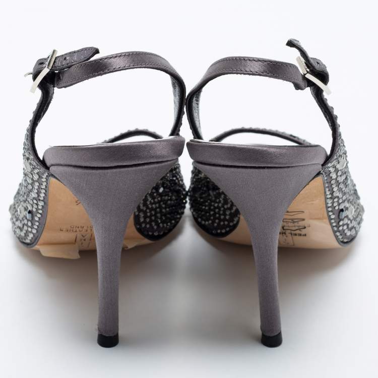 Pre Owned Gina Grey Satin Crystal Embellished Open Toe Slingback Sandals Size 39.5 