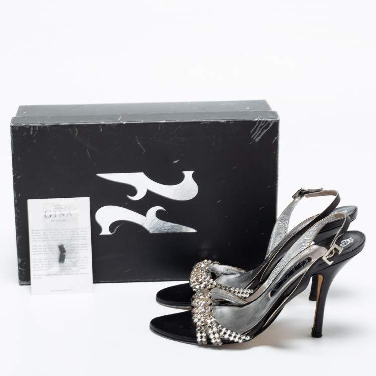 Pre Owned Gina Black Leather Embellished Slingback Sandals Size 38.5
