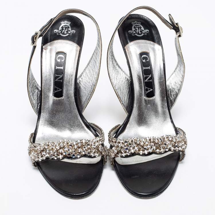 Pre Owned Gina Black Leather Embellished Slingback Sandals Size 38.5