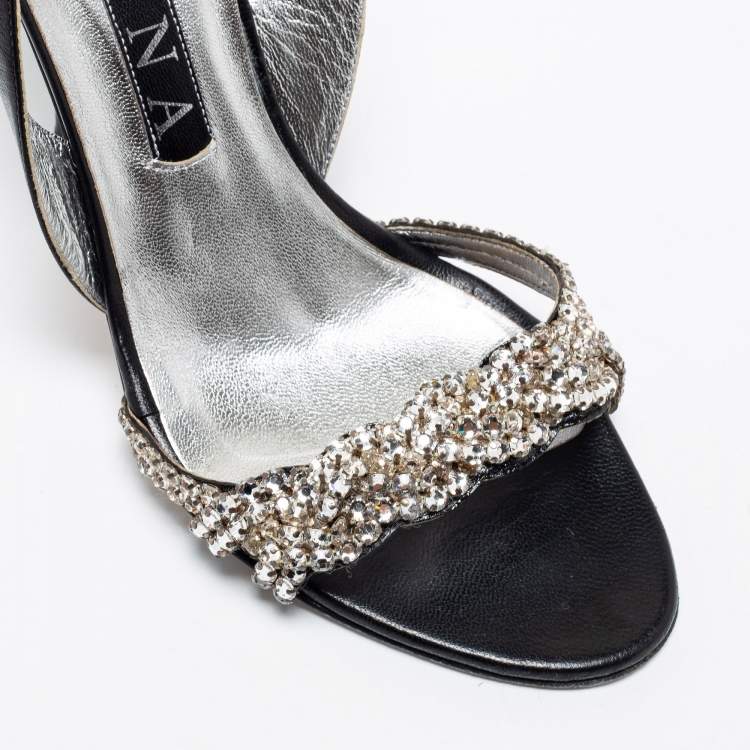 Pre Owned Gina Black Leather Embellished Slingback Sandals Size 38.5