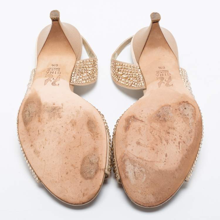 Pre Owned Gina Gold Satin Crystal Embellished Slingback Sandals Size 39.5 