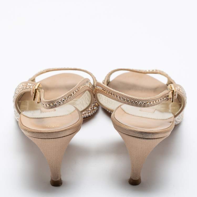 Pre Owned Gina Gold Satin Crystal Embellished Slingback Sandals Size 39.5 