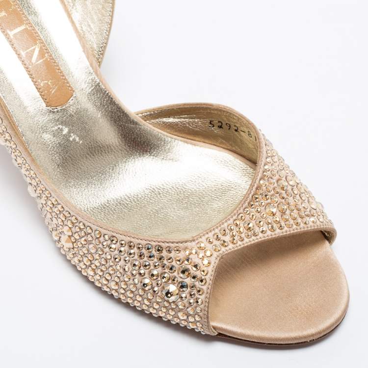 Pre Owned Gina Gold Satin Crystal Embellished Slingback Sandals Size 39.5 