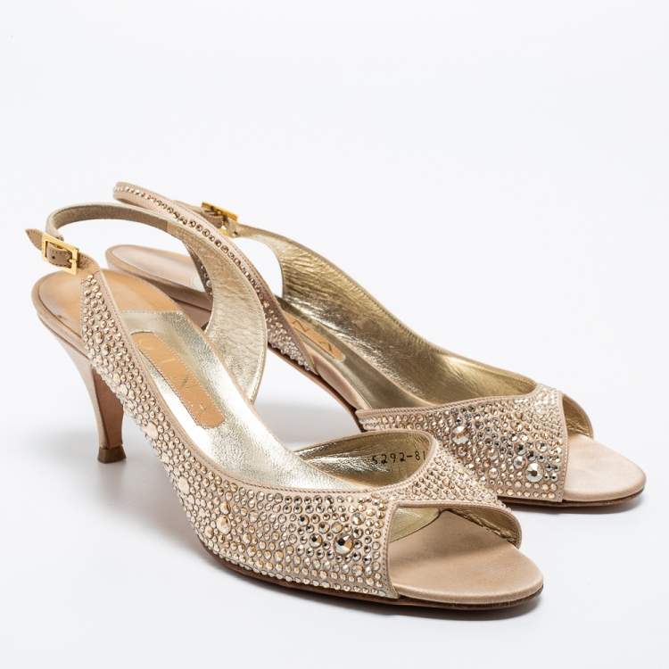Pre Owned Gina Gold Satin Crystal Embellished Slingback Sandals Size 39.5 