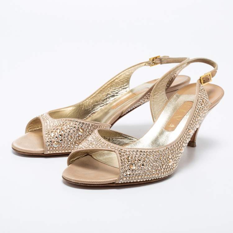 Pre Owned Gina Gold Satin Crystal Embellished Slingback Sandals Size 39.5 