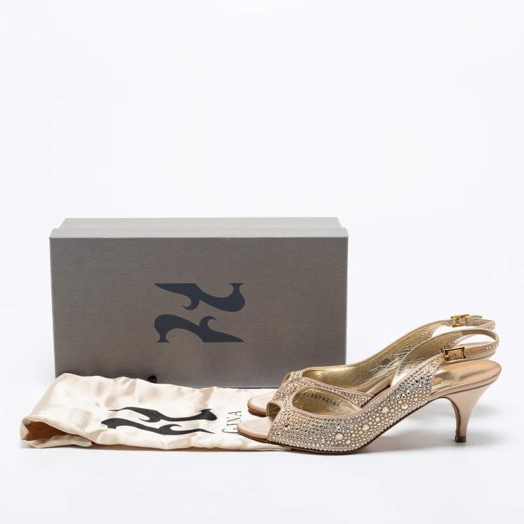 Pre Owned Gina Gold Satin Crystal Embellished Slingback Sandals Size 39.5 