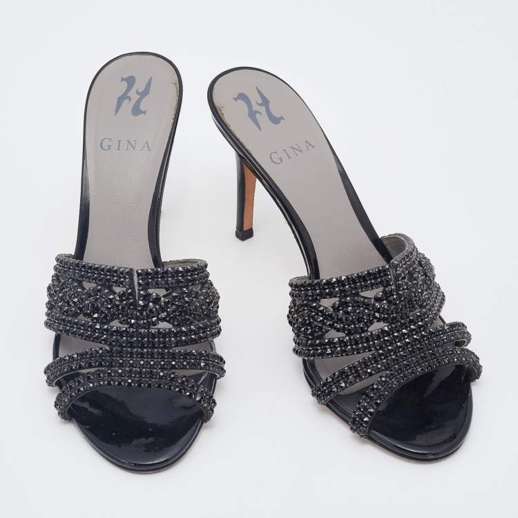 Pre Owned Gina Black Patent Leather Crystal Embellished Slides Sandals Size 38