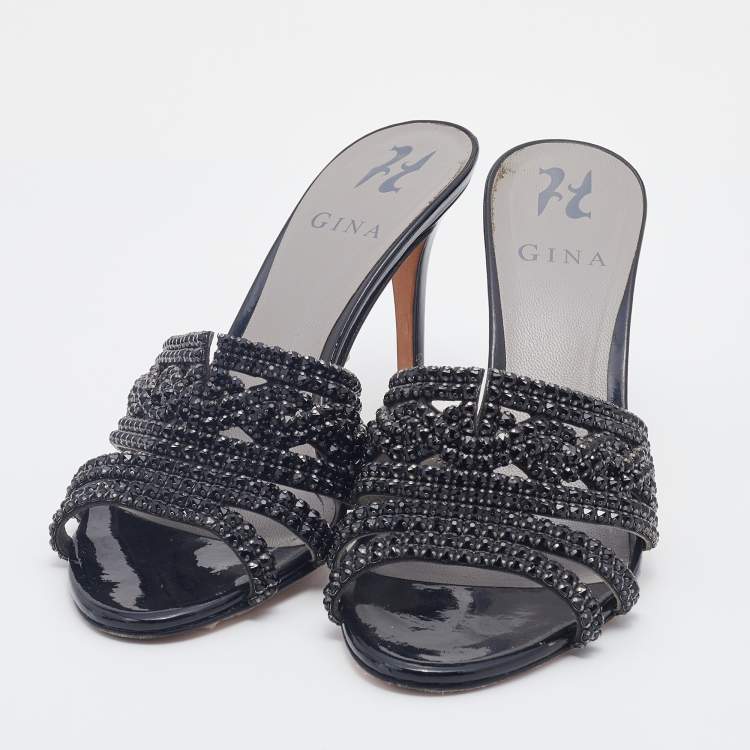Pre Owned Gina Black Patent Leather Crystal Embellished Slides Sandals Size 38