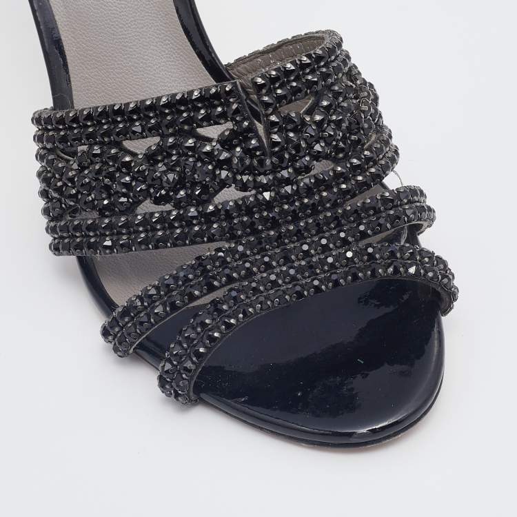Pre Owned Gina Black Patent Leather Crystal Embellished Slides Sandals Size 38