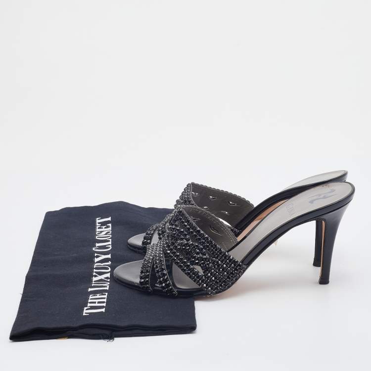 Pre Owned Gina Black Patent Leather Crystal Embellished Slides Sandals Size 38