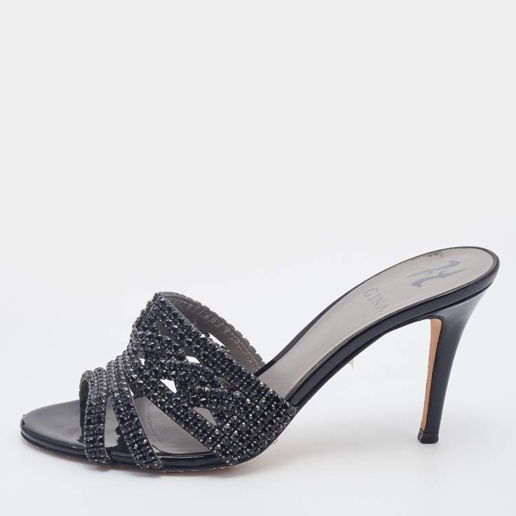 Pre Owned Gina Black Patent Leather Crystal Embellished Slides Sandals Size 38
