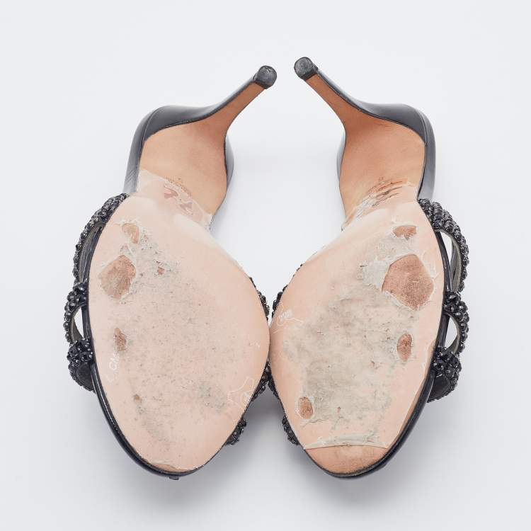Pre Owned Gina Black Patent Leather Crystal Embellished Slides Sandals Size 38