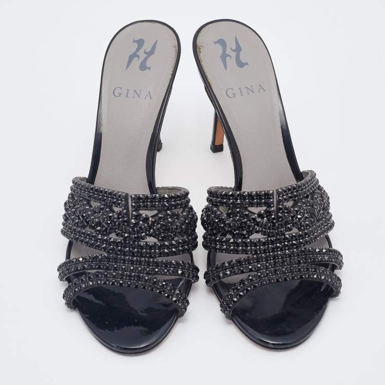 Pre Owned Gina Black Patent Leather Crystal Embellished Slides Sandals Size 38