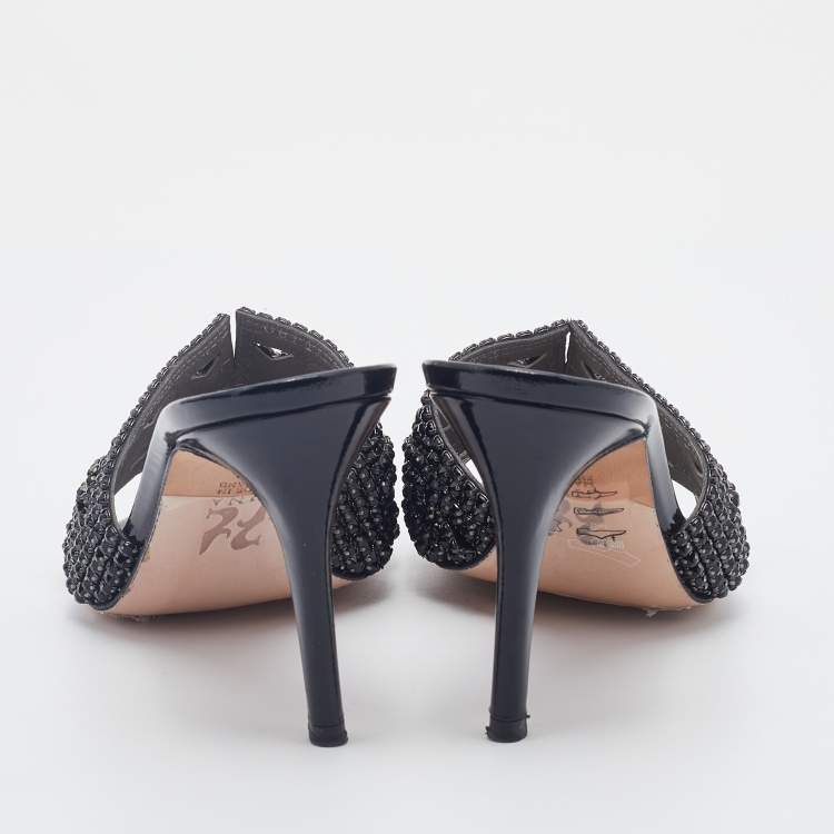 Pre Owned Gina Black Patent Leather Crystal Embellished Slides Sandals Size 38