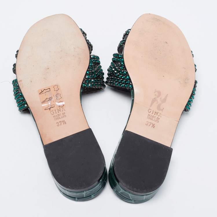 Pre Owned Gina Green Croc Embossed Patent Leather Visage Slide Sandals Size 37.5